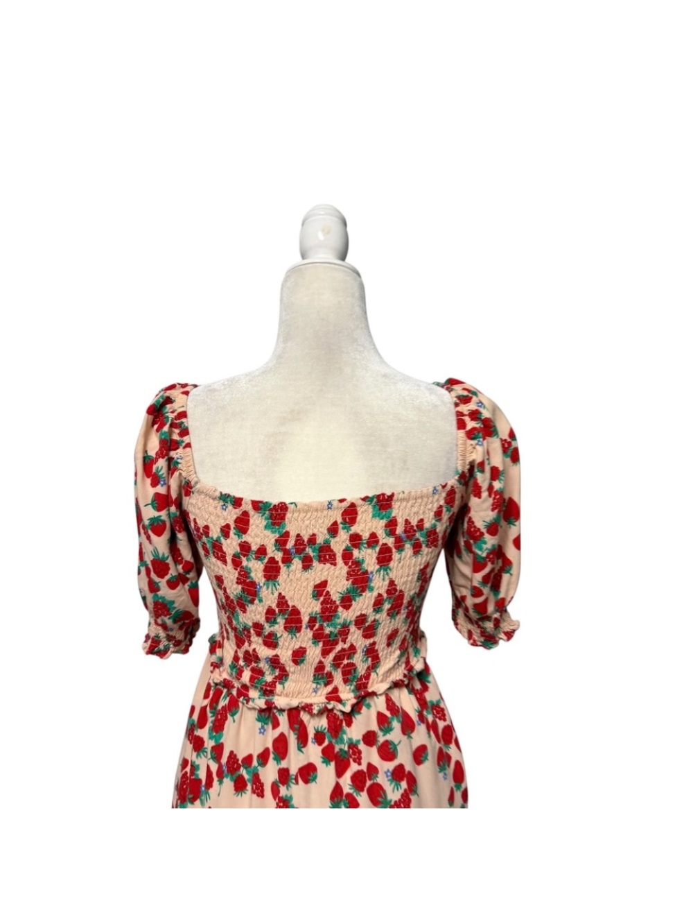 Smocked Strawberry Print Puff Sleeve Midi Dress - Cream & Red 🍓🍓🍓
